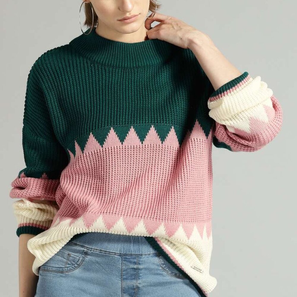 The Roadster Life Co Color Blocked Knit Sweater Green Pink Cream Women's Size L